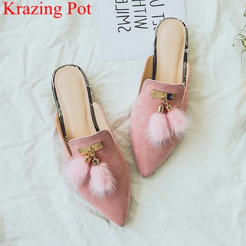 

2018 Superstar Brand Summer Shoes Pointed Toe Outside Slipper Pearls Sandals Big Size Sheep Suede Fur Low Heel Slip on Mules L33