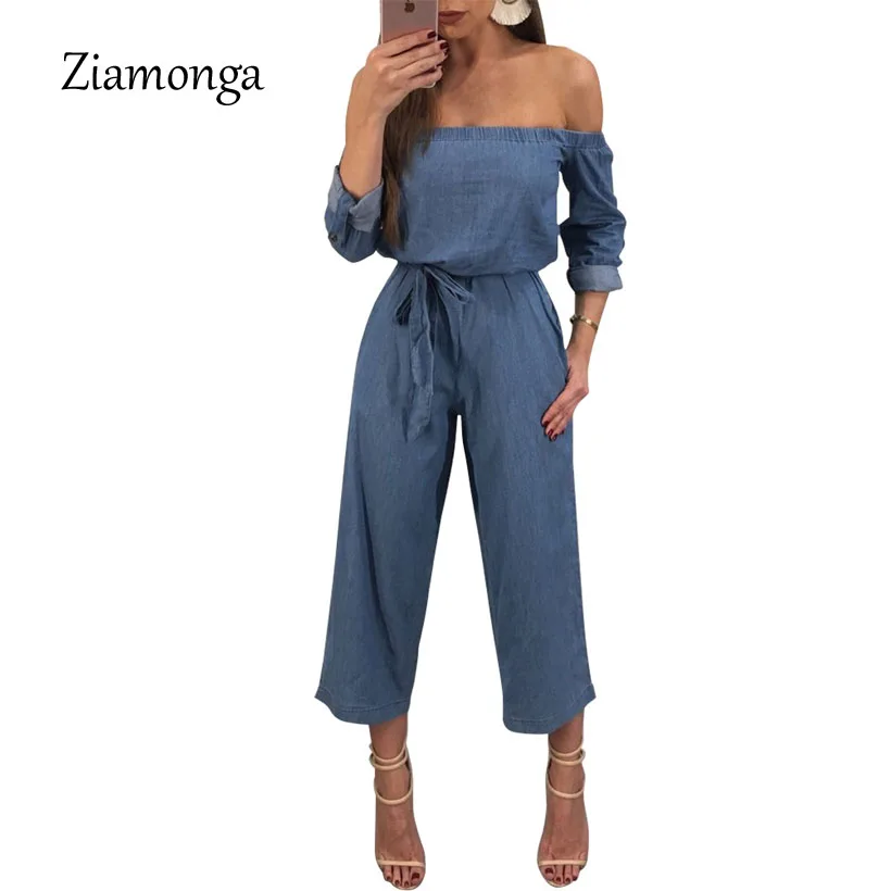 

Ziamonga Long Sleeve Off Shoulder Wide Legs Denim Jumpsuit Romper Women Sexy Belt Overalls Elegant Nightclub One Piece Playsuit