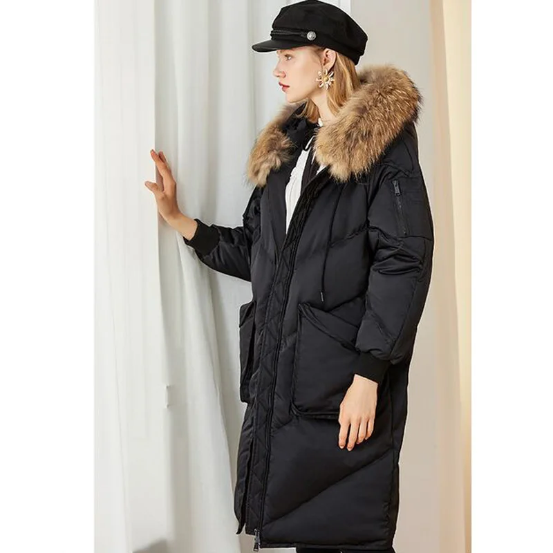 Зимняя женская куртка с воротником из натурального меха енота, женские пальто, длинная куртка-пуховик с капюшоном, Толстая теплая парка