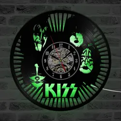 Винтаж Виниловая пластинка настенные часы с семью различными цвета изменить музыкальная тема рок-группа Kiss светодиодные часы 12 дюймов