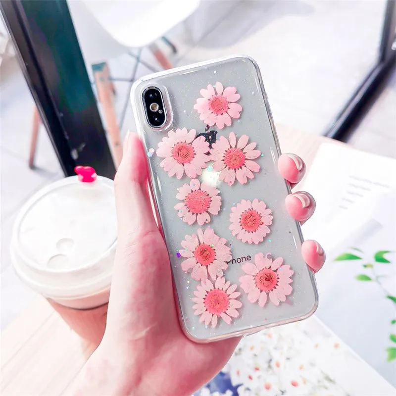 

Real Flowers Dried Flowers Phone Case For iPhone 11 XS XR XS Max 6 6S 7 8 Plus Glitter Transparent beautiful Soft TPU Back Cover