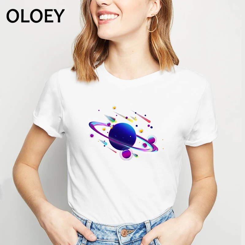 

Womens T shirt Outer Space t shirt Cute Shirt Funny Print Women Summer Tops Short Sleeve Casual Style Clothes Vintage White Tees