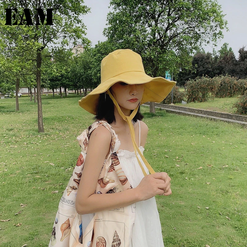 

[EAM] 2019 New Spring Summer Round Dome Bandage Foldable Yellow Temperament Fishermen Hat Women Fashion Tide All-match JU550
