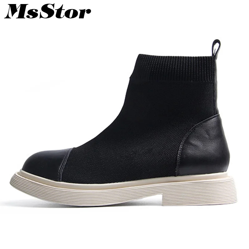 

Msstor Women Boots 2018 Hot Selling Round Toe Square heel Ankle Boots Women Shoes Med Heel Knitting Flat Boot Shoes For Girl