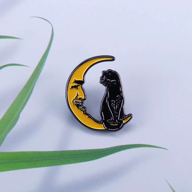 

Vintage Moon with Black Cat brooch pin Smiling Crescent Moon enamel pin