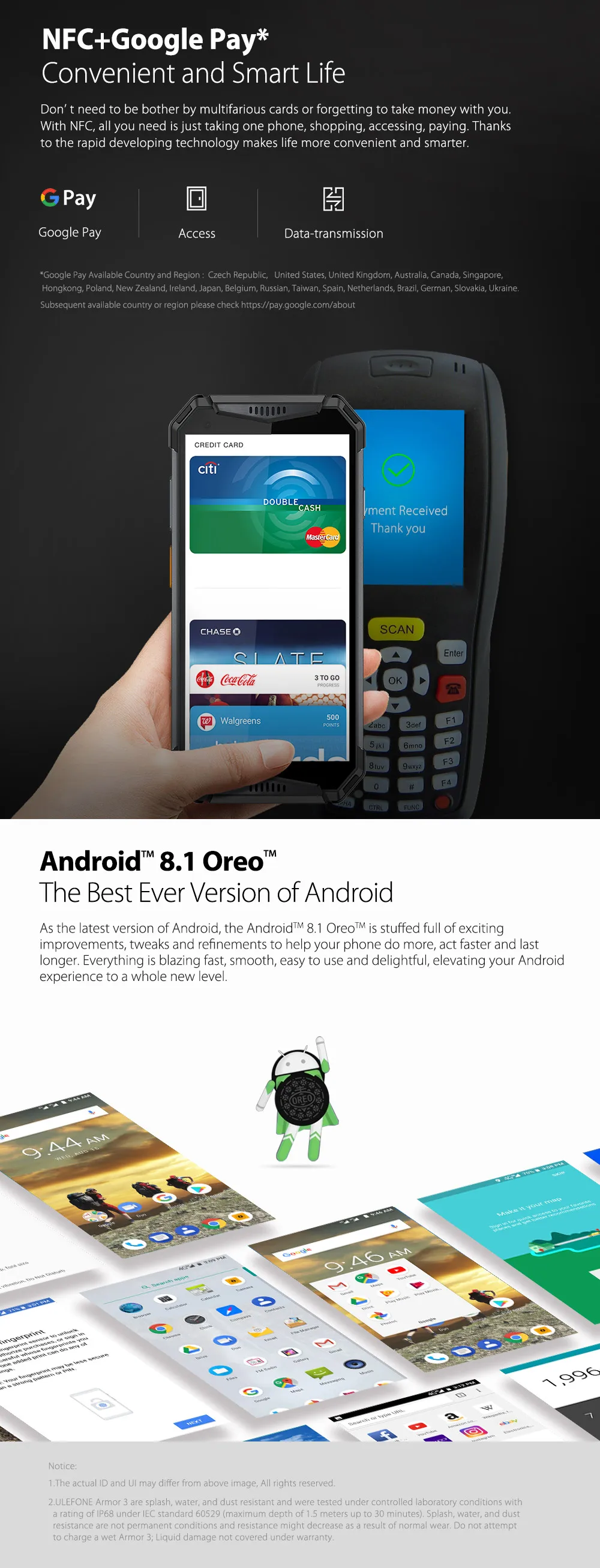 Excellent Ulefone Armor 3 IP68 Waterproof Mobile Phone 5.7" Helio P23 Octa Core 4GB+64GB Android 8.1 Camera 21.0MP 10030mAh NFC Smartphone 8