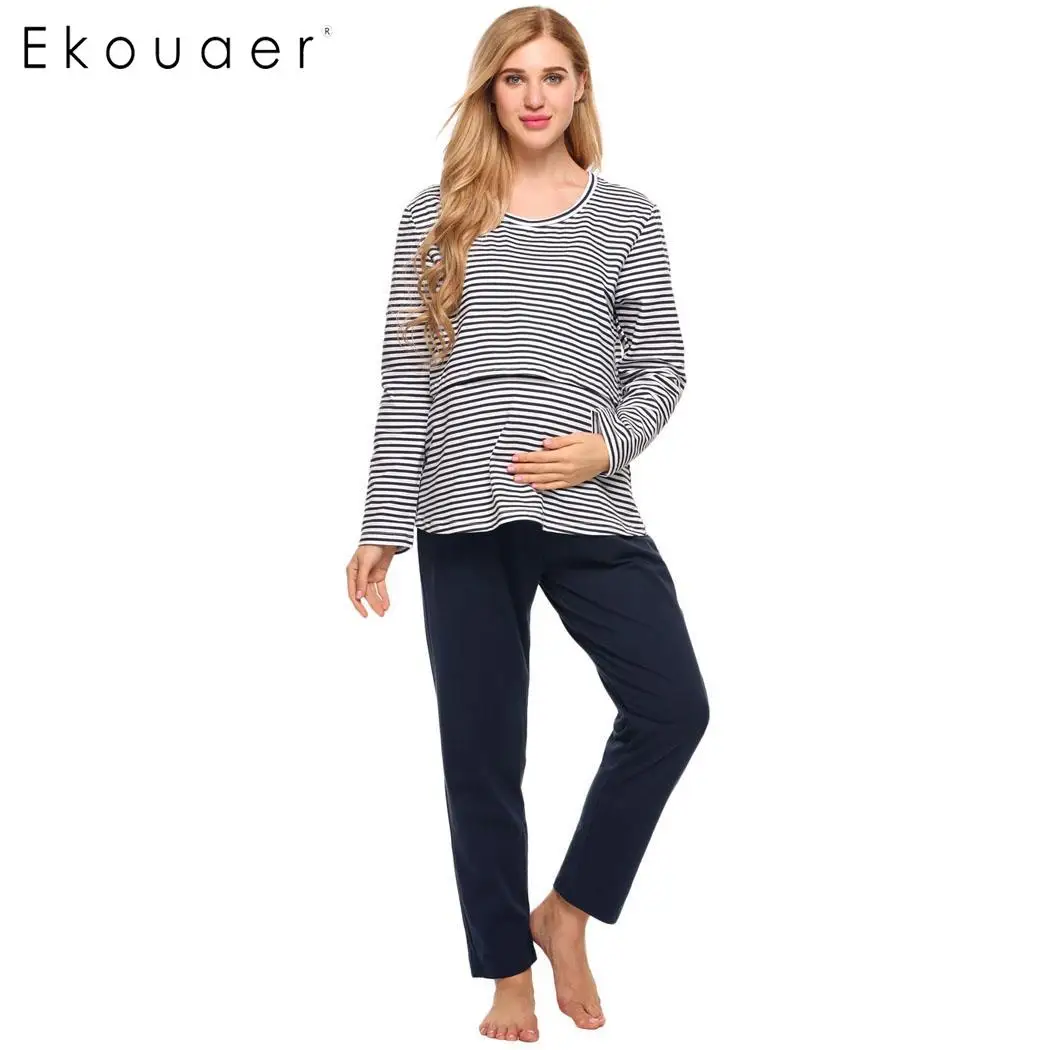 

Ekouaer Women Sleepwear Set Breastfeeding Nursing Maternity Pajamas Set Long Sleeve Striped Lounge Pajamas Autumn Nightwear Suit