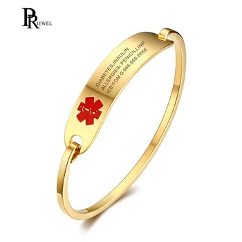 

Free Engraving Women Stainless Steel Gold Color Medical Alert ID Bangle Bracelet Cuff Bangle for Female Gift Jewelry