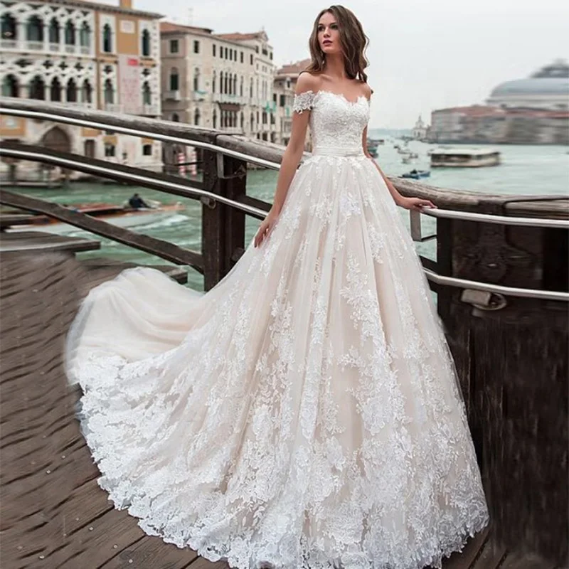 

Vestidos De Novias Elegante Bohemian Wedding Dress Plus Size Off The Shoulder Appliques Beading Wedding Gowns Bridal Dresses