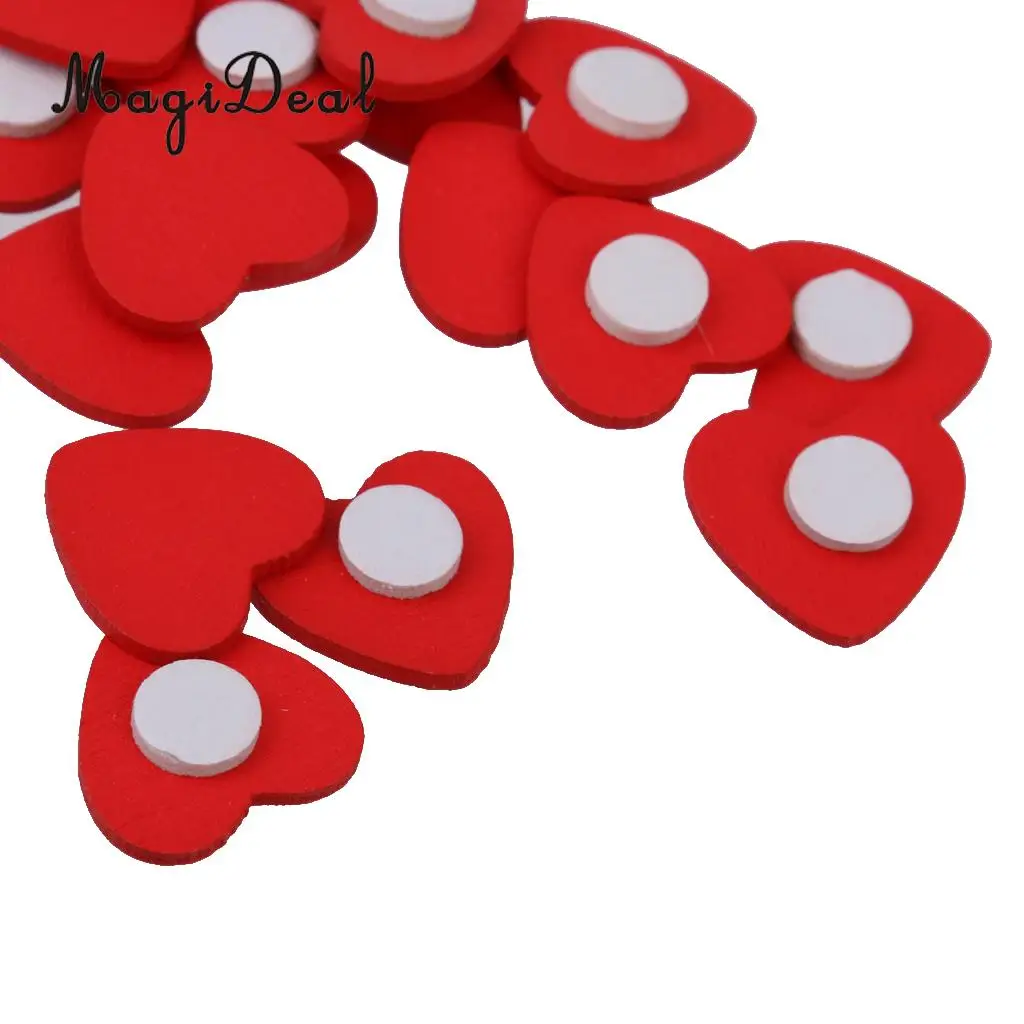100Pcs Wooden Red Heart with Tape for Scrapbook Craft Wedding Decoration Valentine Day Birthday Party DIY Crafts Decoration 