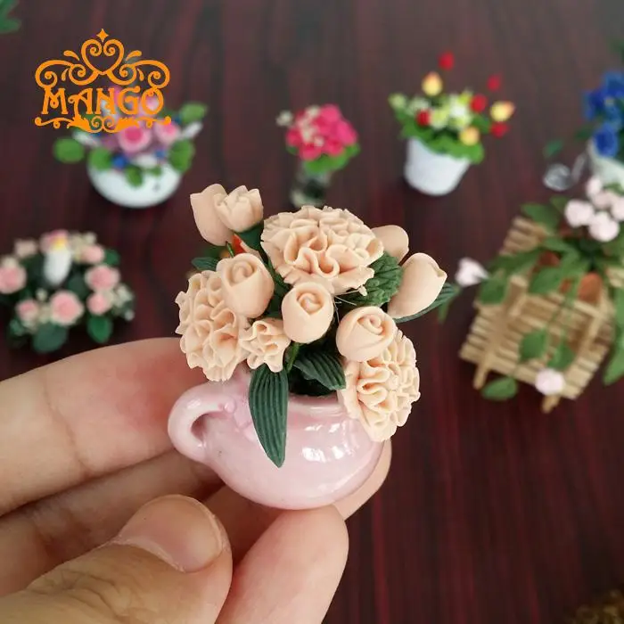 1:12 Кукольный домик миниатюрные цветы и растения сцена аксессуары розовый Гвоздика розовый глиняный цветочный горшок