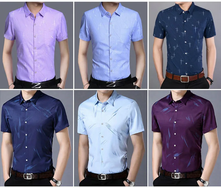 

2019 New Men's Spring Summer Short Sleeve Shirt Print For Young And Middle-aged Mens Smart Casual Shirt Blue Purple HOWDFEO