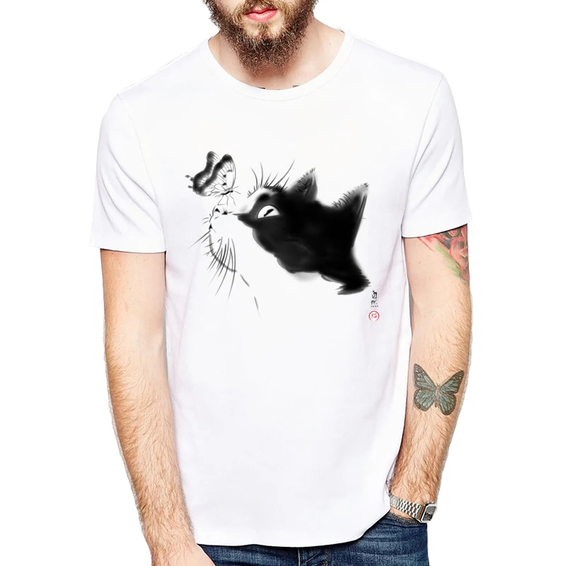 

New Arrival 2019 men's Curious Cat Print T Shirt Watercolor black cat butterfly pattern Harajuku Print Short Sleeve Tops