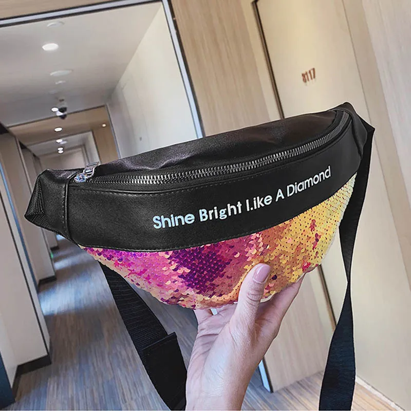 Rose Red Waist Bag Сумка с пайетками, Женская мини сумка через плечо, Большая вместительная поясная сумка, противоугонная полиуретановая нагрудная сумка, сумки с бананами, вечерняя сумка, женский ремень - Цвет: Rose Red Waist Bag