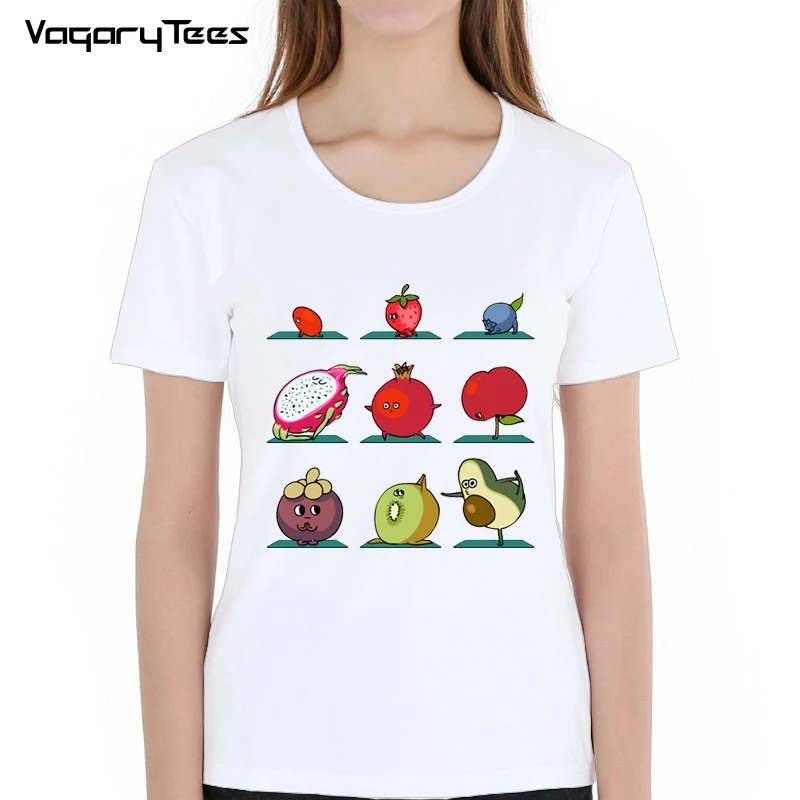 

New design Super Fruits exercise Fitness Print Women tshirt Strawberry/blueberry/dragon fruit/apple/mangosteen/kiwi/avocado