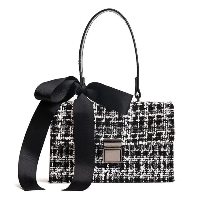 

Satchel hot sale lady tote bag matching woolen handbag bow satin contrast color crossbody bag
