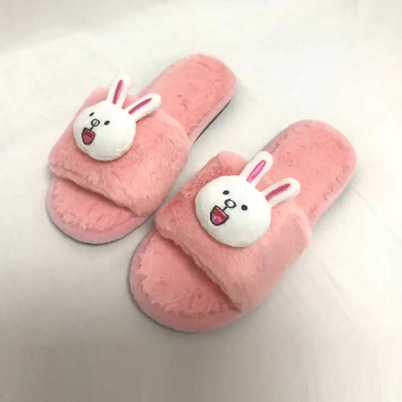 Soft Faux Fur Pink Rabbit Slippers Women Plush Floor Indoor Slides Flat