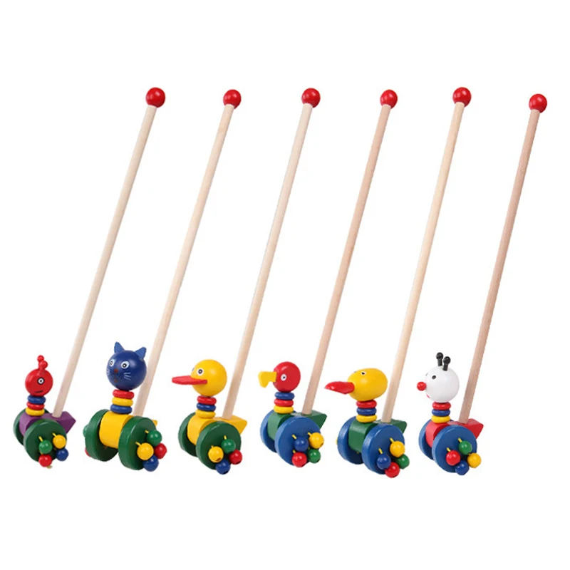 

Children Wooden Pushing Toy Duck Frog Bear Cartoon Animals Lovely Wood Puzzle Trolley Cart Toys Kids Baby Learning to Walk Cars