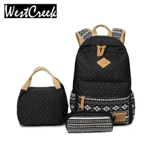 Westcreek Brand Geometric Set Lunch Bagpack Women School Backpack for Teenagers Girls Dot Canvas Computer Bag