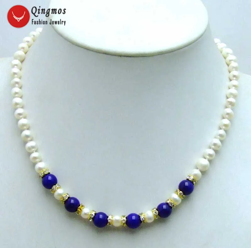 

Qingmos Trendy Natural Pearl Chokers Necklaces for Women with 8mm Blue Jades & 6-7mm White Pearl Necklace 17" Fine Jewelry-5836