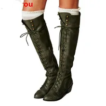 Leather Women Knee-high Boots Winter Thigh High Lace Up Square Heel Boots Army Green Zapatos Mujer Shoes Woman Stockings Leather Women Knee-high Boots Winter Thigh High Lace Up Square Heel Boots Army Green Zapatos Mujer Shoes Woman Stockings