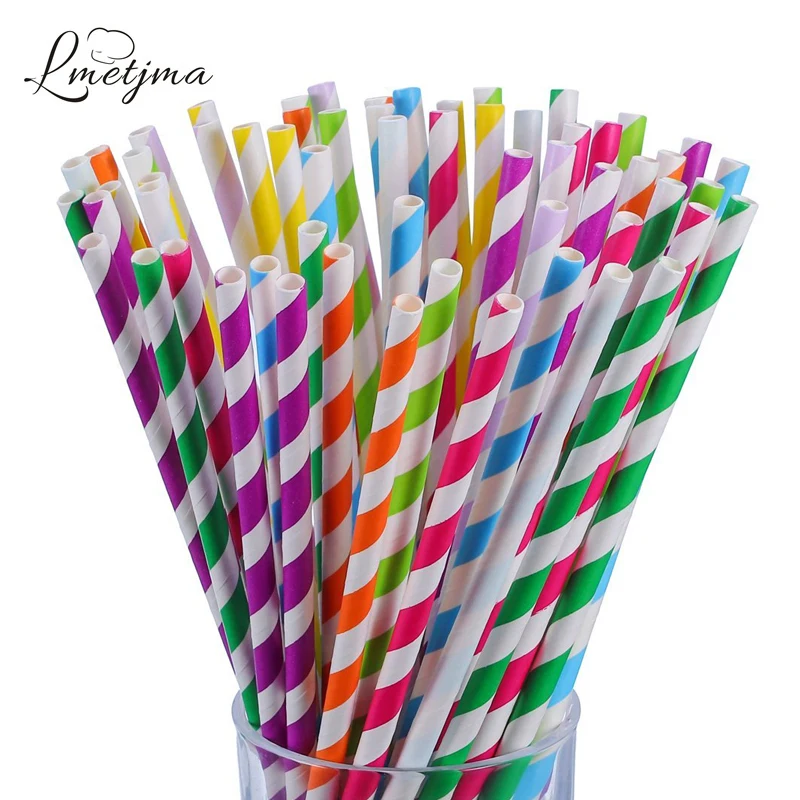 LMETJMA 25pcs/lot Paper Straws Stripe Paper Drinking Straw Biodegradable Party Decoration Straws
