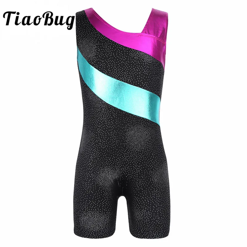 

TiaoBug Kids Sleeveless Shiny Splice Ballet Dance Leotard Girls Gymnastics Leotard Sports Jumpsuit Workout Unitard Gym Bodysuit