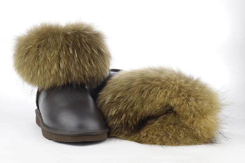 Модные женские зимние ботинки из натуральной кожи с натуральным лисьим мехом; теплые зимние ботинки; ботильоны без застежки; женские ботинки с мехом енота