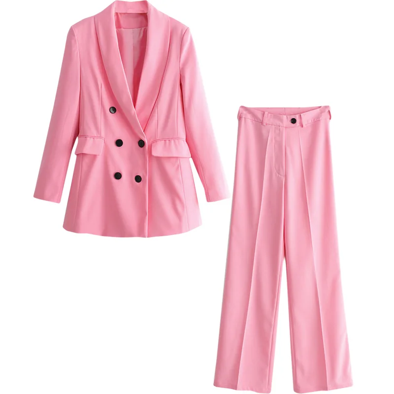 

2019 New Spring BF style Double-breasted Button Women Pink Blazer High Waist Small Straight Pants Long Sleeve Suits 2 Pieces Set