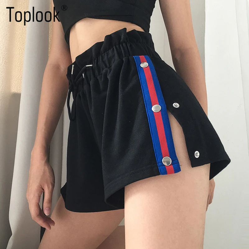 Toplook боковой кнопки Женская Мода шорты для бега Летние черные пэчворк с высокой талией шорты в уличном стиле полосатый снизу 2019