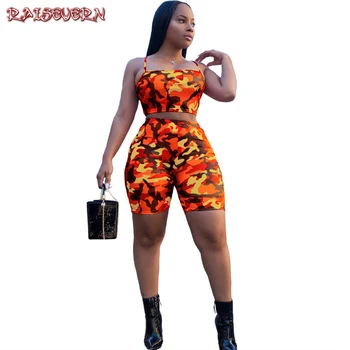 

RAISEVERN Sexy Short Two Piece Set Crop Tops And Biker Knee Length Shorts Camouflage Bodycon Matching Sets Summer For Women 2019