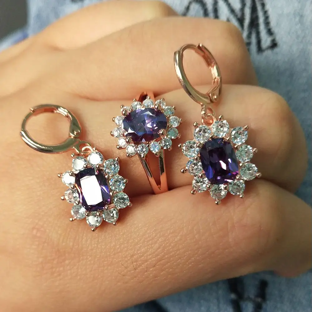 

Yunkingdom flower style Jewelry Sets new Rose Gold Fashion engagement Wedding Party Earrings Rings for women LPG21