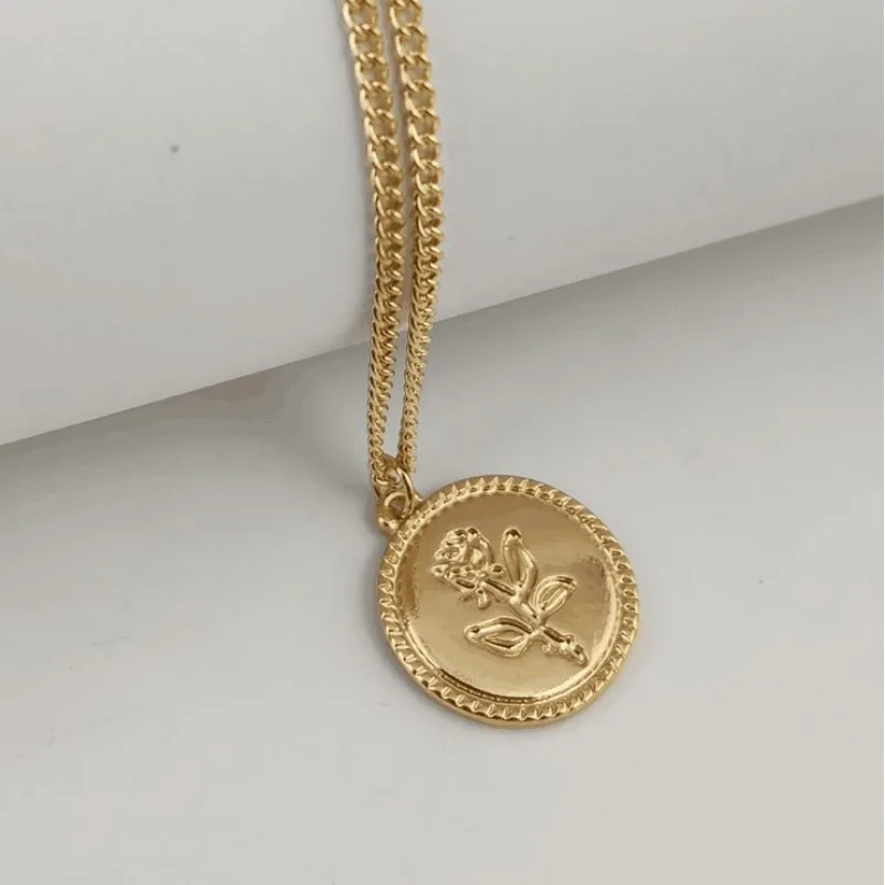 

2019ADARJW new delicacy Gold Alloy Round Pendant Necklace for grace Women Simple Female Long Chain Coin Necklace Rose Flower