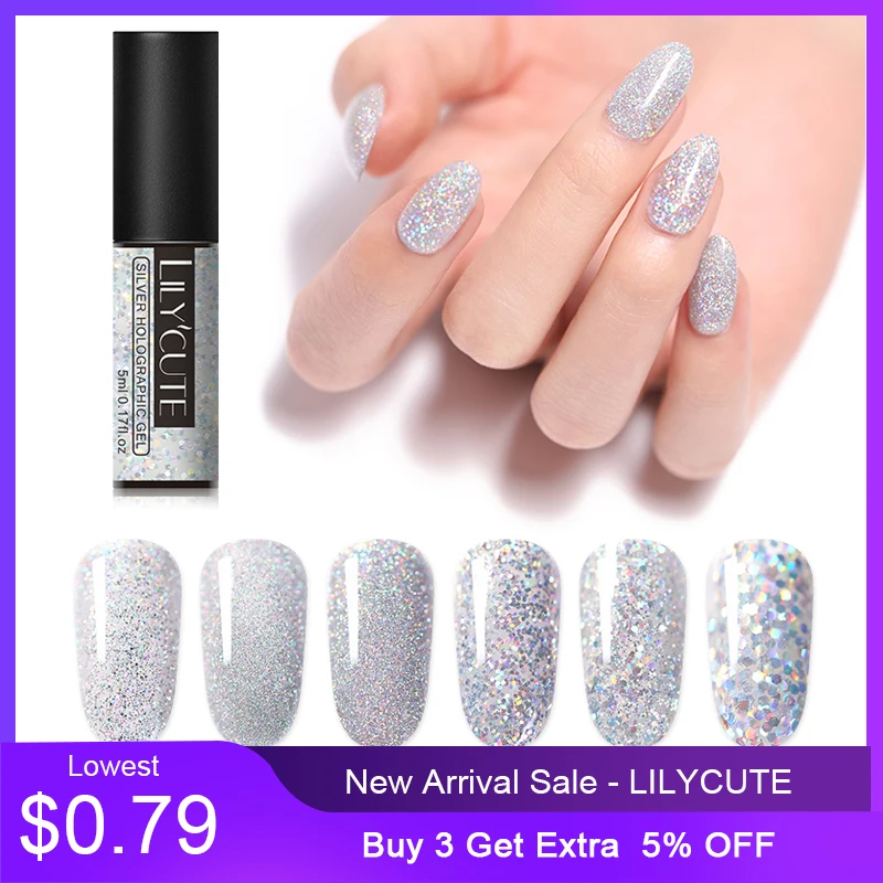 

LILYCUTE 5ml Holographic UV Gel Polish Laser Silver Glitter Sequins Gel Nail Varnish Soak Off Long Lasting Nail Art Gel Lacquer
