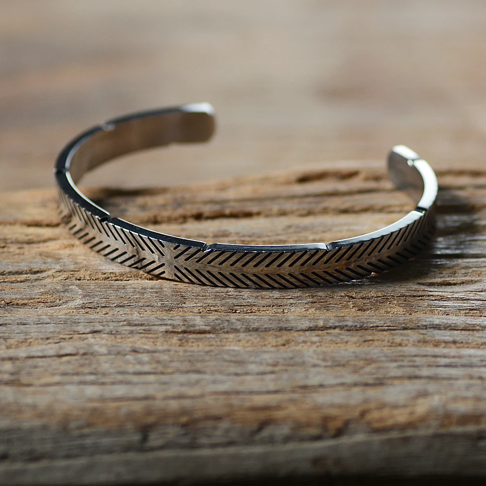 

Silver Color Titanium Stainless Steel Bangle Viking Line Bracelets Men Women Cuff Open Bangle SS-158