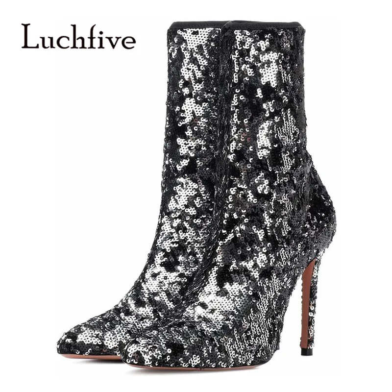 

2018 Bling Bling Ankle Boots Woman Pointed Toe Black Silver Stretch High Heel Boots Women Fashion Ankle Boots