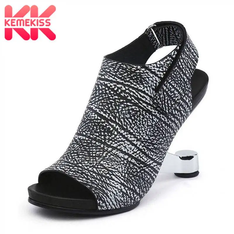 

KemeKiss Vintage Women Genuine Leather High Heel Sandals Peep Toe Print Strange Heel Slipper Summer Brand Footwear Size 34-39