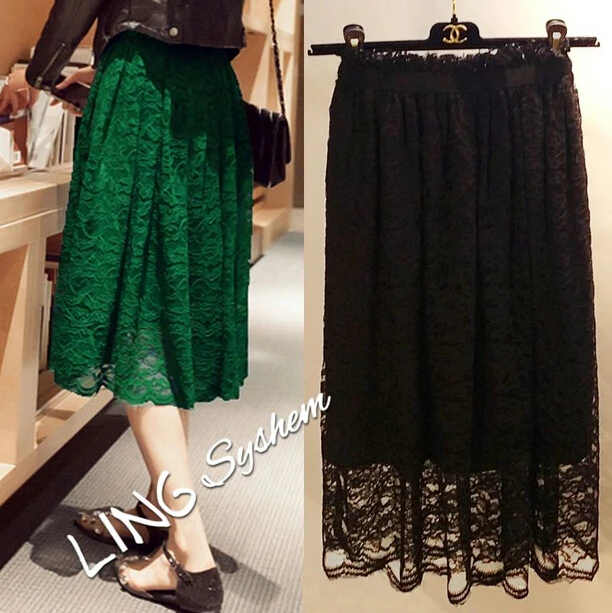 Элегантная женская кружевная длинная юбка с вышивкой, 2 цвета: черный и зеленый