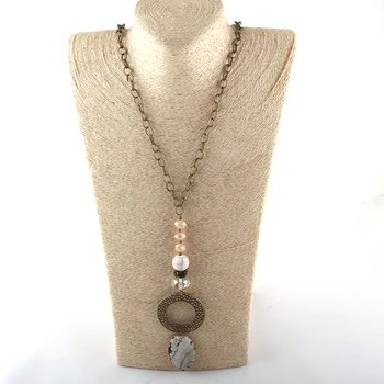 

New Styles MOODPC Fashion Jewelry Long Chain Crystal & Netal Link Natural Stone Pendant Necklaces For Women Ethnic Necklace