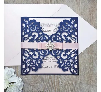 

DIY printed insert paper,rush pink ribbon with big shiny rhinestone ,navy blue wedding invitaiton cards for party wholesale