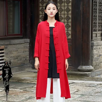 

2020 New Arrival Women Fashion Spring Autumn Long Sleeve Chinese Style Vintage Cotton Linen Loose Long Jacket Coat