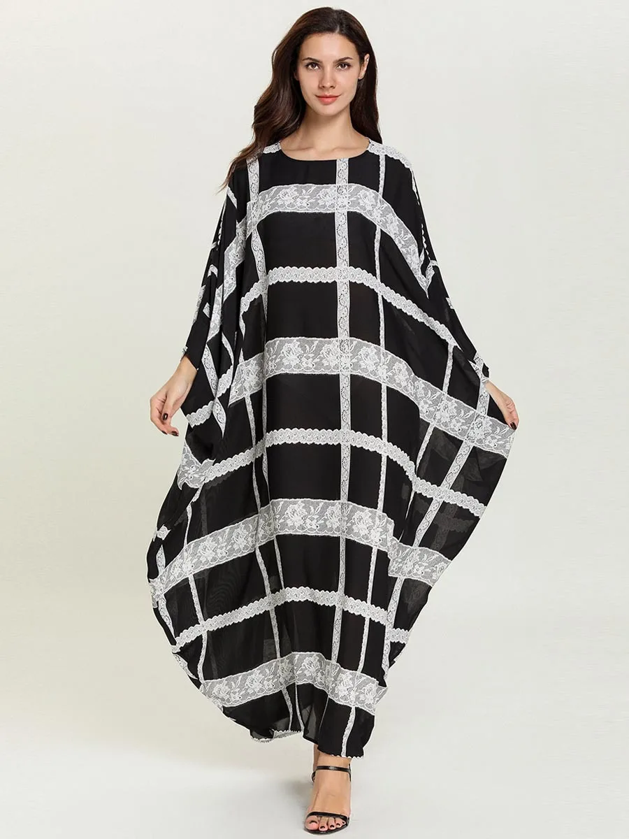 Loose Women Muslim Abaya Batwing Sleeve Lace Patchwork Plaid Dress Islamic Kaftan Fashion Evening Dubai UAE Robe Gown VKDR1695