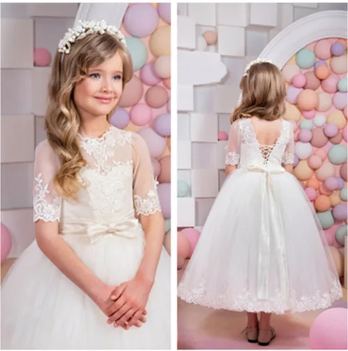

White Ivory Flower Girls Dress for Wedding Half Sleeve Lace O Neck Girls Pageant Graduation Gown First Communion Dress Any Size