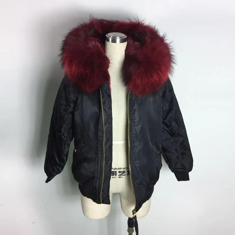 Best Price Spring and Winter Faux Fur Inside Bomber Jacket Black Bombers wine red Big Raccoon Collar Coat for Lady