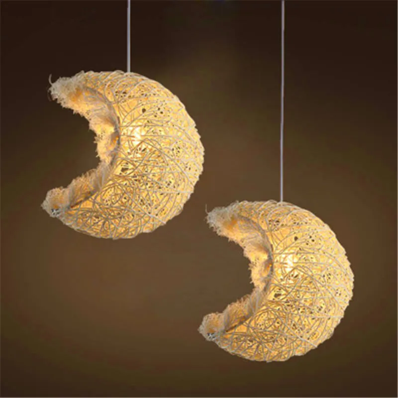 

Modern Simple Rattan Moon Pedant Light Kitchen Cafe Shop Handmade Chandelier Nordic Corridor Aisle Bar Restaurant Lamp Decor