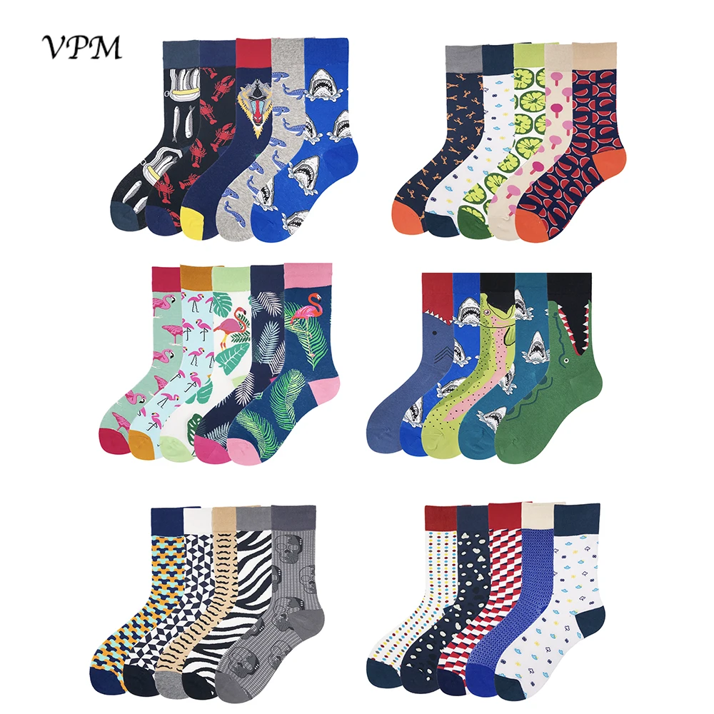 

VPM Combed Cotton Men's Socks Colorful Funny Knee Long Warm Winter Cartoon Moustache Flamingo Shark Sock Gift Box 5 pairs / lot