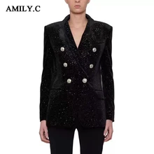 Amily. c осенне-зимний женский высококачественный двубортный черный костюм с v-образным вырезом и длинными рукавами с блестками модное пальто