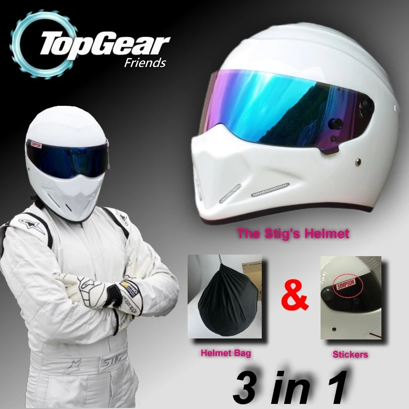 US $80.75 For TopGear The STIG Helmet Capacete Casco De Bag SIMPSON Sticker For Gifts White Moto Helmet with Colorful Visor Racing