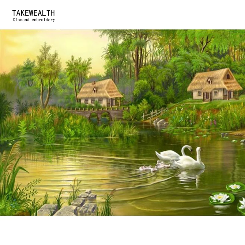 Full Diy Diamond Painting Cross Stitch swan lake Mosaic Kits Embroidery spring scenery Needlework Craft fc455 | Дом и сад