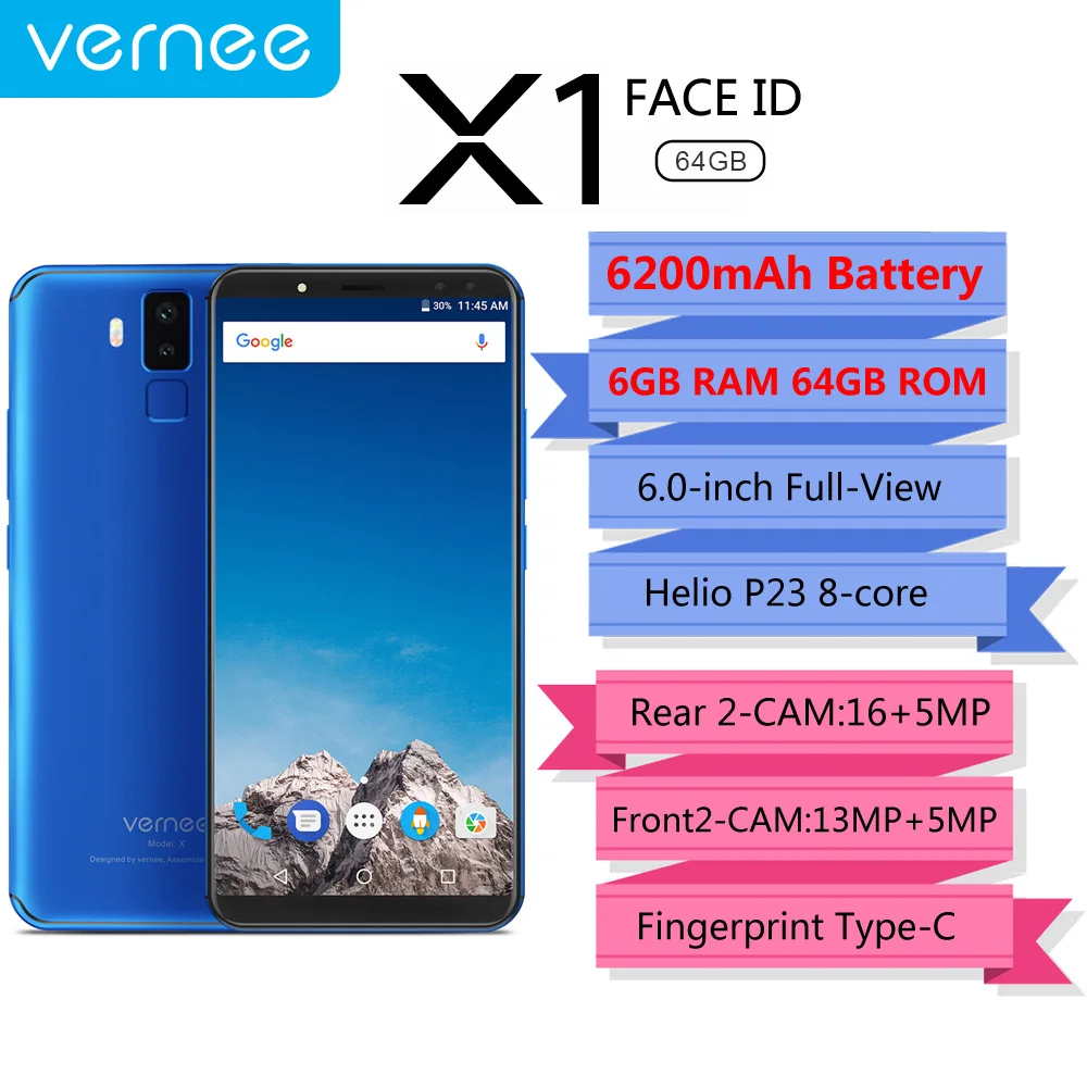 Excellent Vernee X1 4G 6200mAh Face ID Smartphone 6GB RAM 64GB ROM Helio P23 MTK6763 Android 7.1 16+5MP 13MP+5MP 4-Cam Fingerprint 1